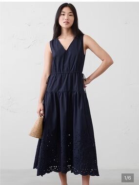 Banana Republic Navy Eyelet Hem Midi Dress